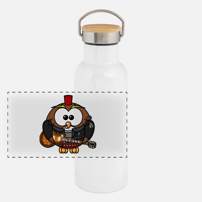 Eule als Punk mit Gitarre Panorama Thermosflasche mit Bambusdeckel