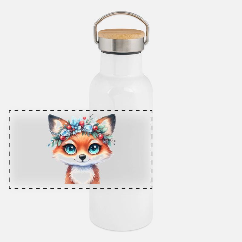 Winter Fox with Ice Crystal Crown Panoramic Thermal Bottle with Bamboo Lid