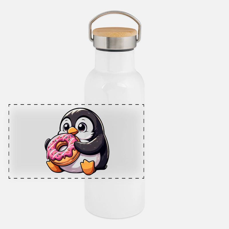 Mignon pingouin grignote sur beignet bande dessinée Gourde isotherme avec bouchon en bambou