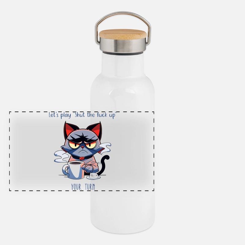 Grimmige Katze Kaffee Sarkasmus Spruch Panorama Thermosflasche mit Bambusdeckel