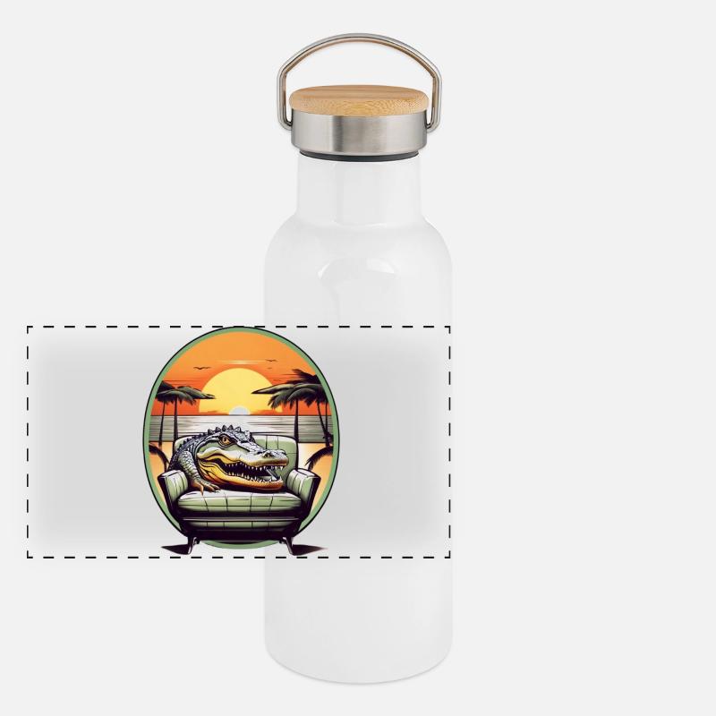 Alligator auf Sofa Panorama Thermosflasche mit Bambusdeckel