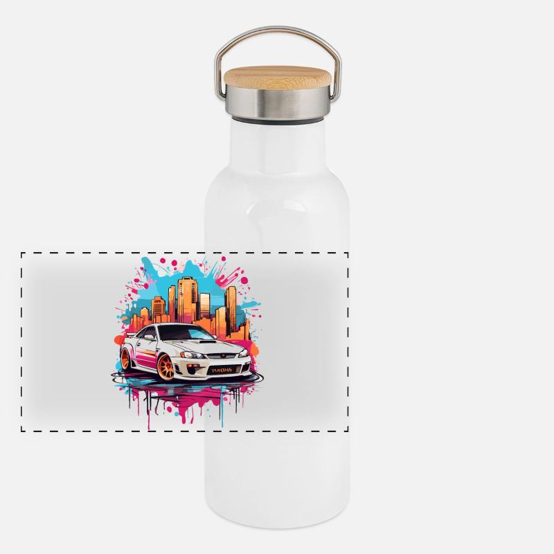Tuning Auto, Motorsport Panorama Thermosflasche mit Bambusdeckel