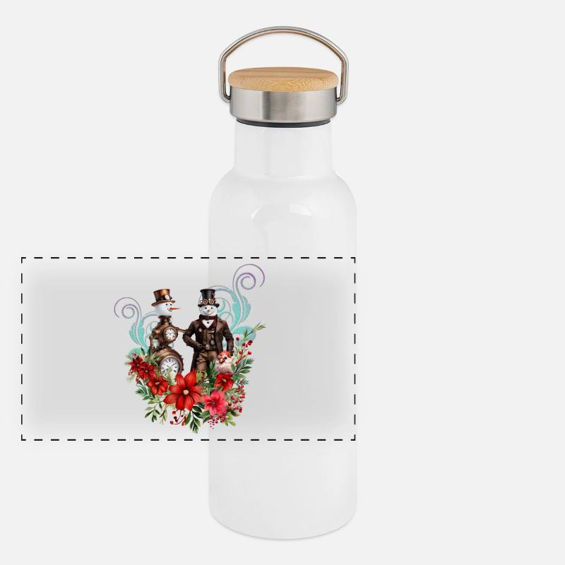 Steampunk Schneemann Panorama Thermosflasche mit Bambusdeckel