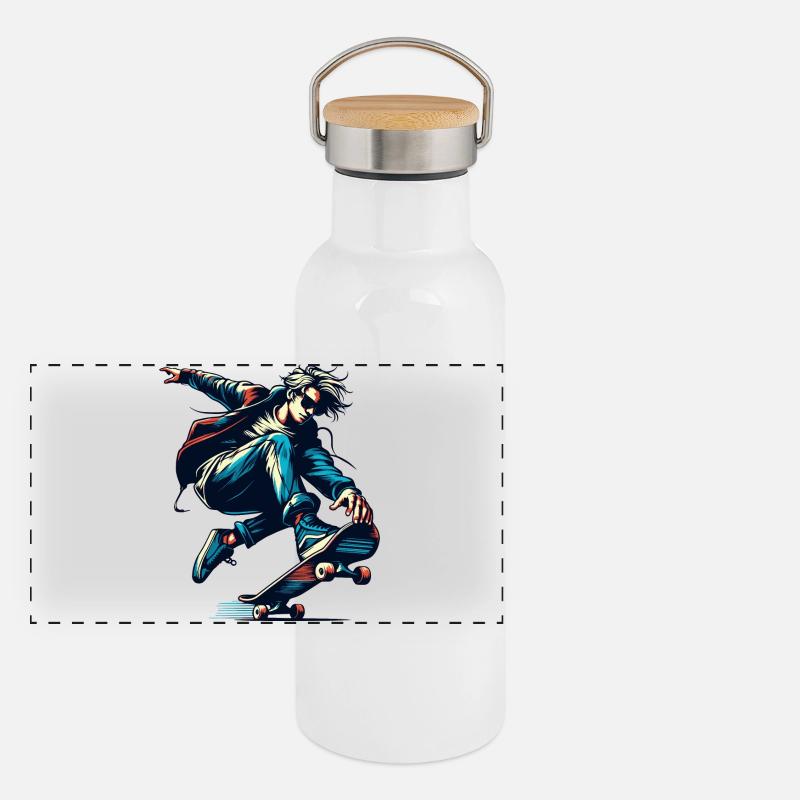 Lebendiges buntes Motiv eines Skaters Panorama Thermosflasche mit Bambusdeckel