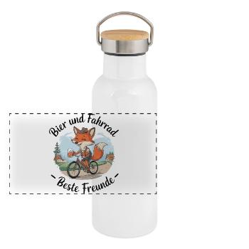 Bier und Fahrrad – beste Freunde - Panorama Thermosflasche mit Bambusdeckel - Weiß - Vorne