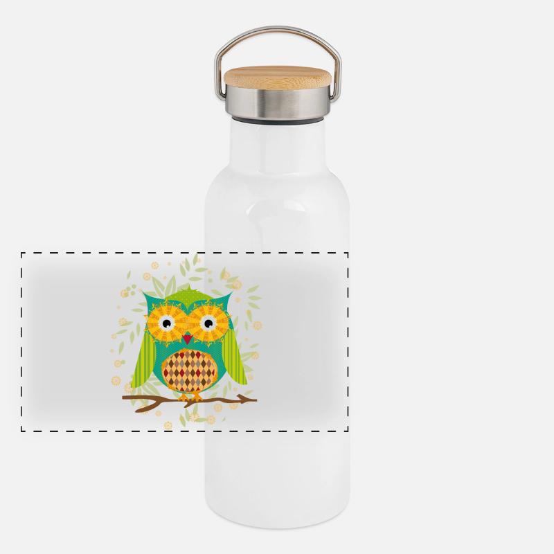 Hibou astucieusement conçu avec motif patchwork Gourde isotherme avec bouchon en bambou