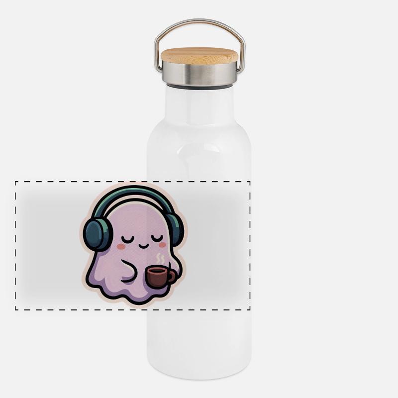 Entspannter Geist mit Kopfhörern und Kaffee Panorama Thermosflasche mit Bambusdeckel