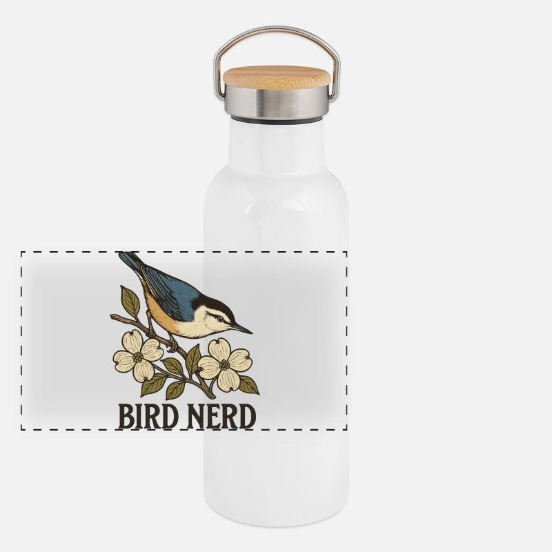 Eleganter blau-schwarzer Singvogel Vogel Nerd Panorama Thermosflasche mit Bambusdeckel