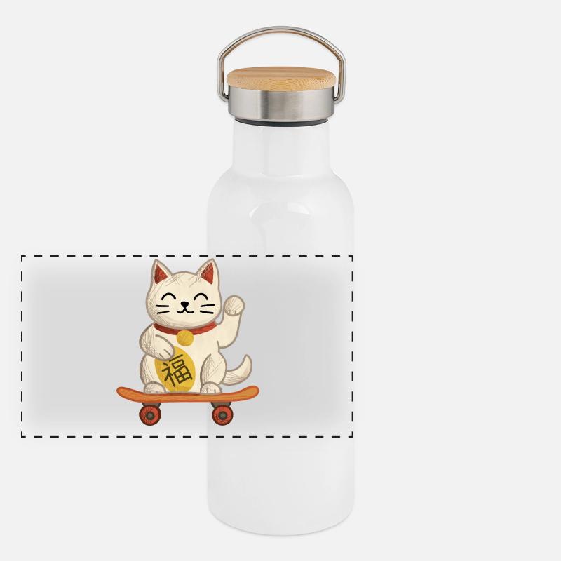 Maneki-neko Cat Skateboard Panoramic Thermal Bottle with Bamboo Lid
