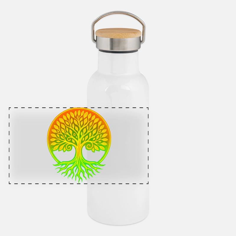 Lebensbaum im Regenbogenkreis Panorama Thermosflasche mit Bambusdeckel