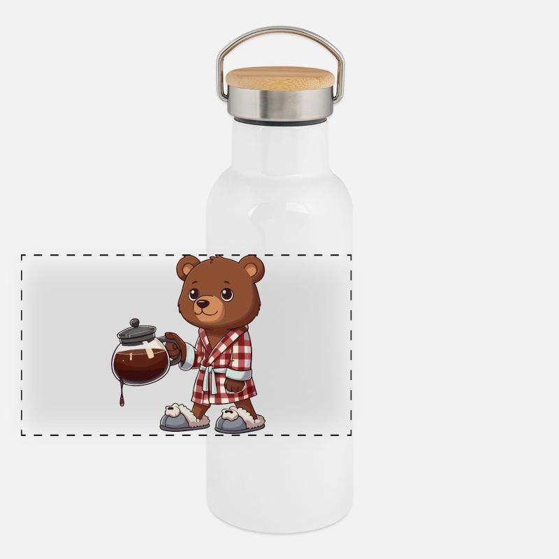 Funny Bear Coffee Lover in Plaid Robe Panoramic Thermal Bottle with Bamboo Lid
