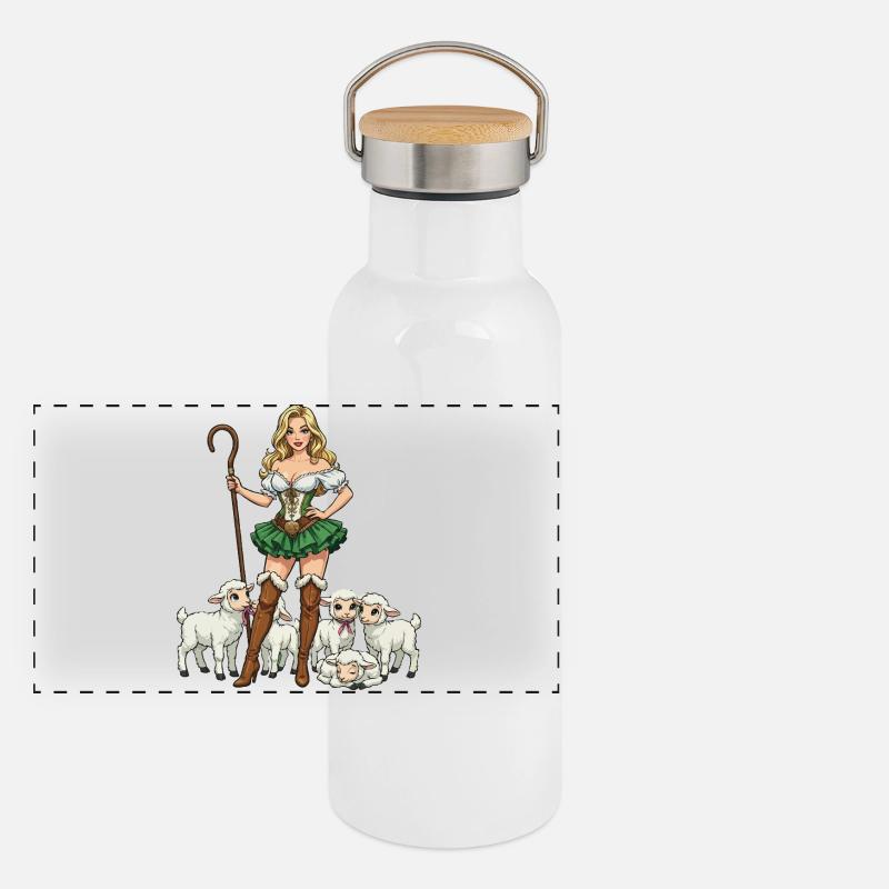Dirndl Shepherdess and Lambs Panoramic Thermal Bottle with Bamboo Lid