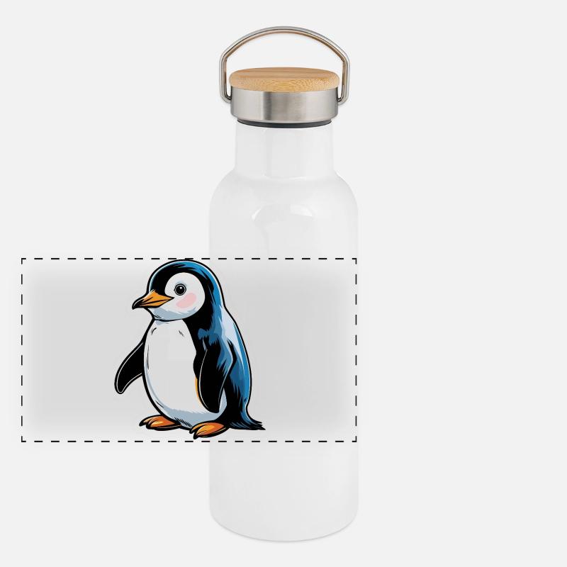 Comic Penguin Blue Tone Panoramic Thermal Bottle with Bamboo Lid