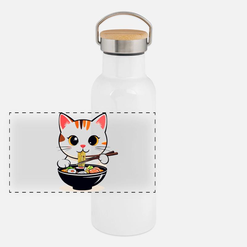 Petit chat mignon mangeant une soupe de nouilles Motif de sushi Gourde isotherme avec bouchon en bambou