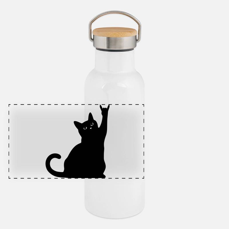 Schwarze Katze – Devil Horns Silhouette Panorama Thermosflasche mit Bambusdeckel