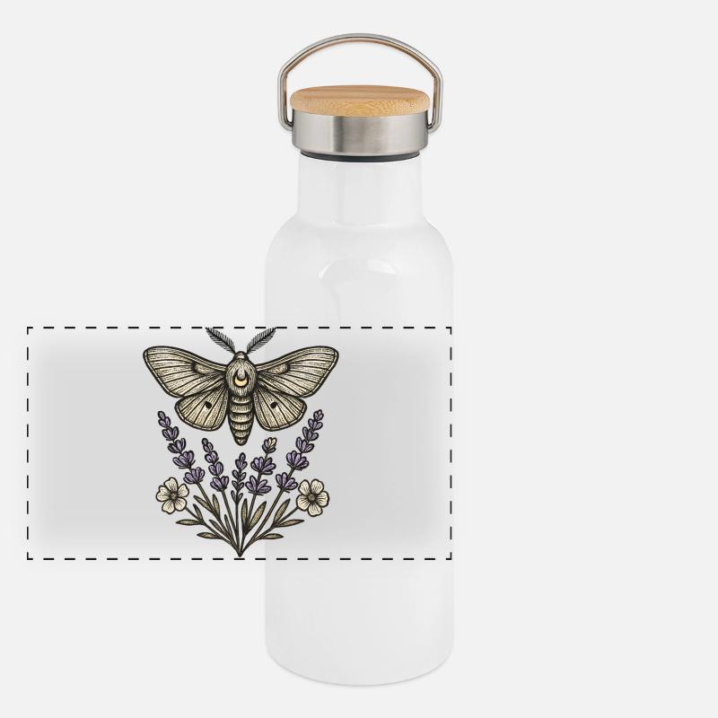 Moth over lavender bouquet Panoramic Thermal Bottle with Bamboo Lid
