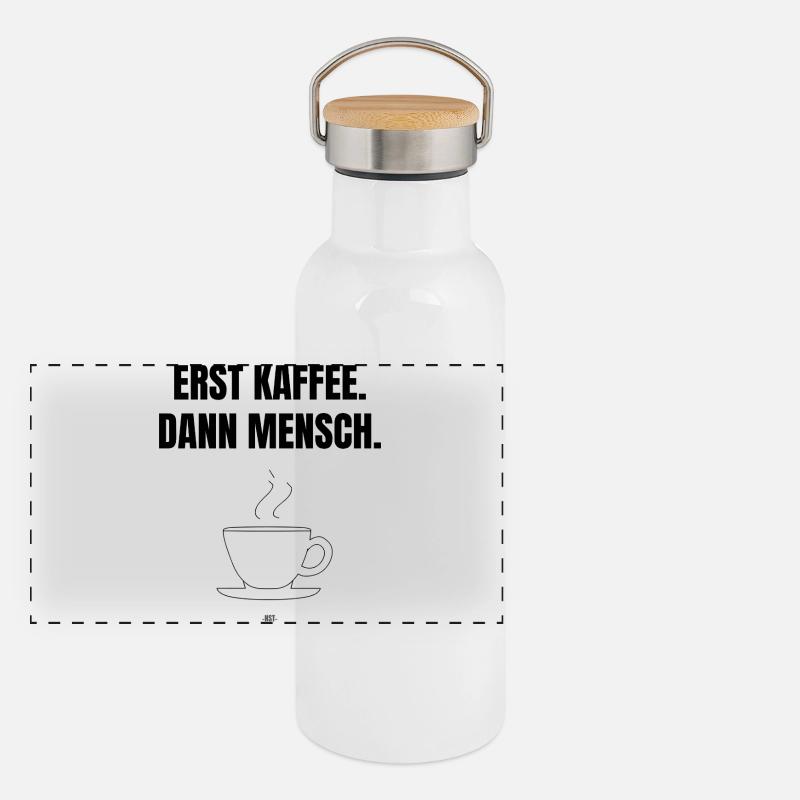 Premier café. Alors mec. Gourde isotherme avec bouchon en bambou