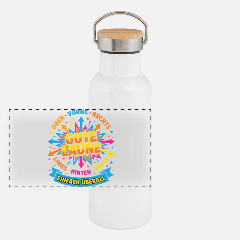 Gute Laune Einfach Überall – Positives Design Panorama Thermosflasche mit Bambusdeckel