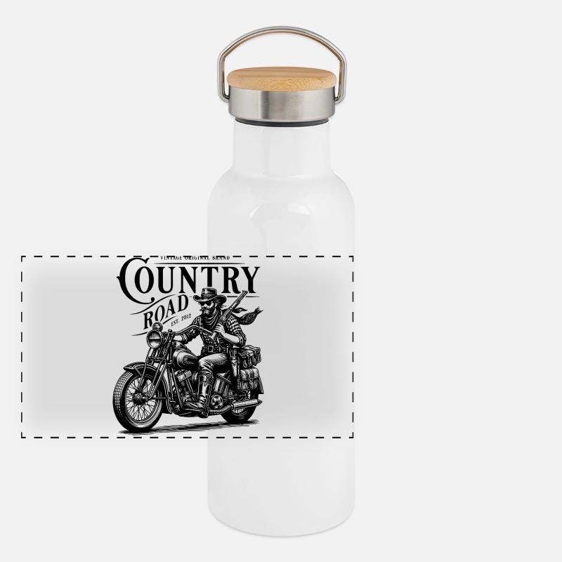 Cowboy-Biker auf Oldtimer-Motorrad Panorama Thermosflasche mit Bambusdeckel