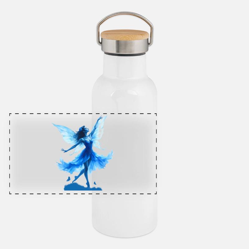 Blaue Fee in der Flucht Panorama Thermosflasche mit Bambusdeckel