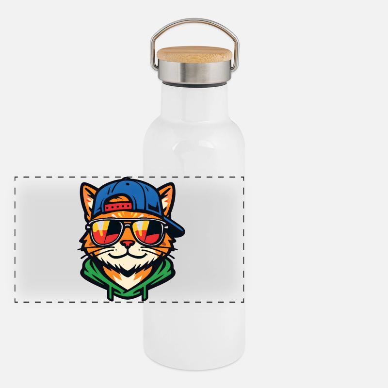 Chat avec des lunettes de soleil Gourde isotherme avec bouchon en bambou