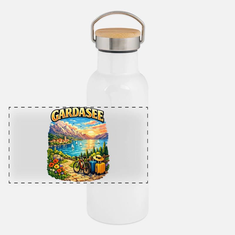 Gardasse, vacances et cyclisme - Gourde isotherme avec bouchon en bambou - blanc