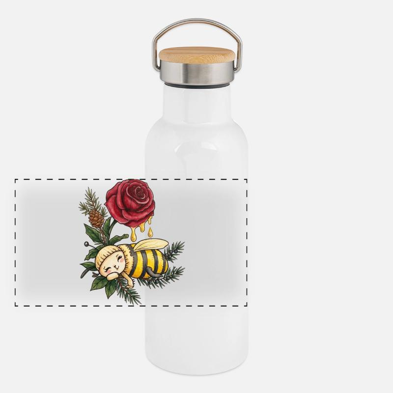Honigbiene träumt zwischen Rosen Panorama Thermosflasche mit Bambusdeckel