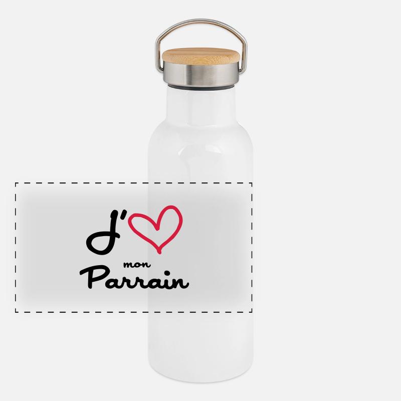 J'aime mon Parrain / Naissance / Bébé / Baptême Gourde isotherme avec bouchon en bambou