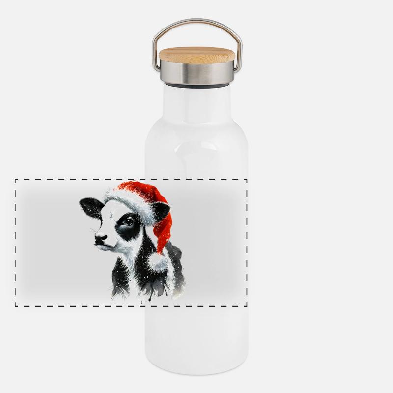 Weihnachtskalb mit Nikolausmütze Panorama Thermosflasche mit Bambusdeckel