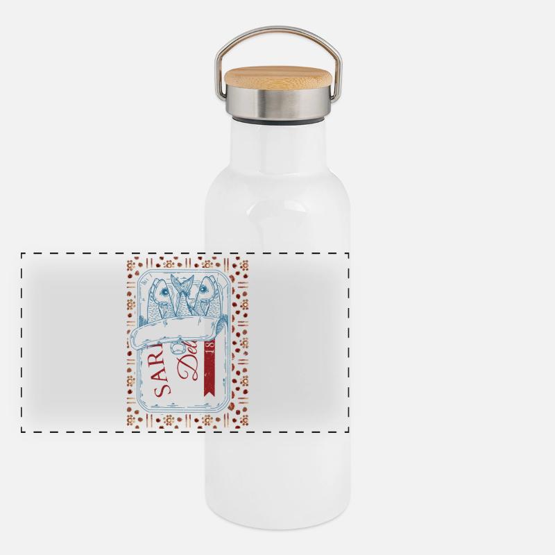 Vintage Trendy Sardines Visual Panoramic Thermal Bottle with Bamboo Lid