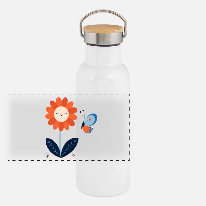 lachende Blume mit Schmetterling Panorama Thermosflasche mit Bambusdeckel