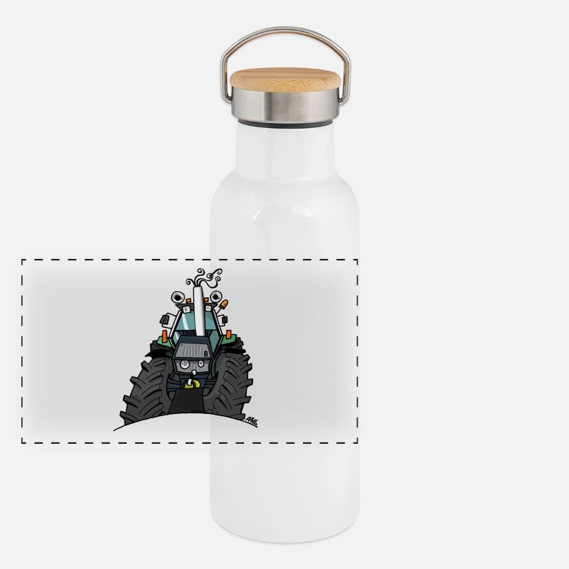 367 Grüner Traktor Panorama Thermosflasche mit Bambusdeckel