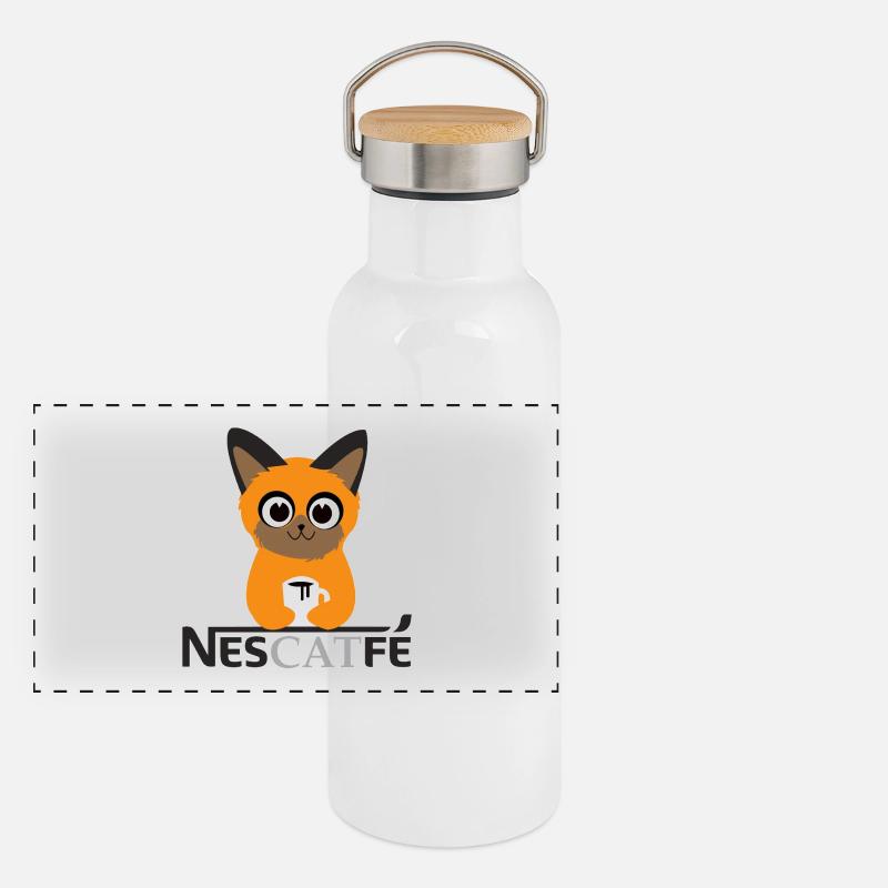 Katze Kaffe Nescatfe Geschenkidee Panorama Thermosflasche mit Bambusdeckel