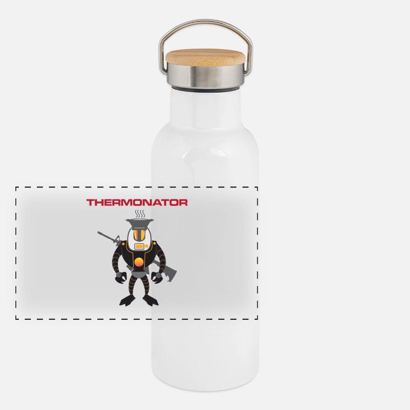 Thermonator Terminator Geschenkidee - Panorama Thermosflasche mit Bambusdeckel - Weiß