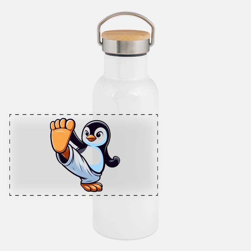 Cool pingouin dessin animé Karaté Sportif Gourde isotherme avec bouchon en bambou