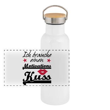 Motivationskuss Liebe, Spruch, Geschenk, Fun - Panorama Thermosflasche mit Bambusdeckel - Weiß - Vorne