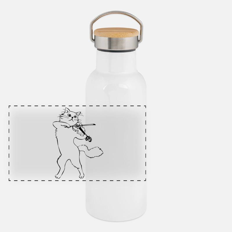 Katze mit Violine Panorama Thermosflasche mit Bambusdeckel