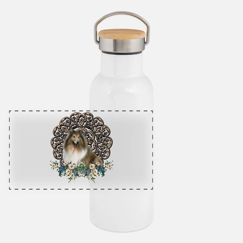 Collie mignon avec des fleurs Gourde isotherme avec bouchon en bambou