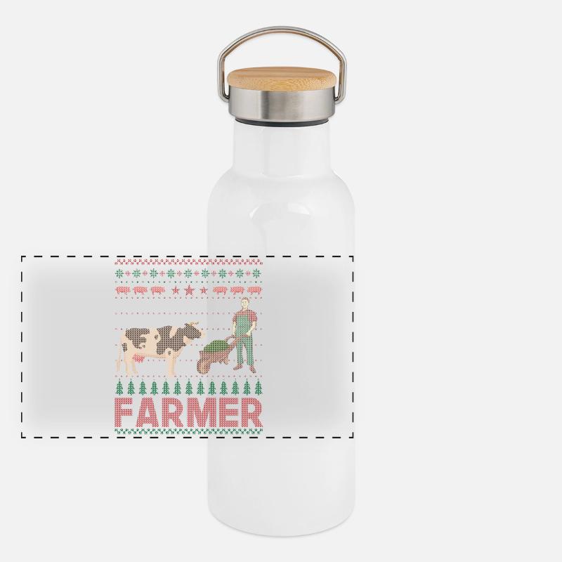 Farmer Farmer Cow Christmas - Panoramic Thermal Bottle with Bamboo Lid - white