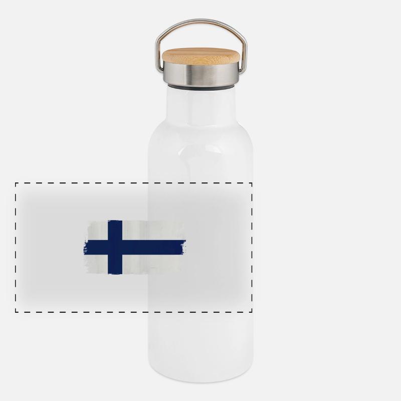 Drapeau finlandais aspect acrylique - Gourde isotherme avec bouchon en bambou - blanc