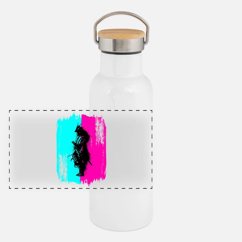 Black Samurai In A Turquoise And Pink Frame Panoramic Thermal Bottle with Bamboo Lid