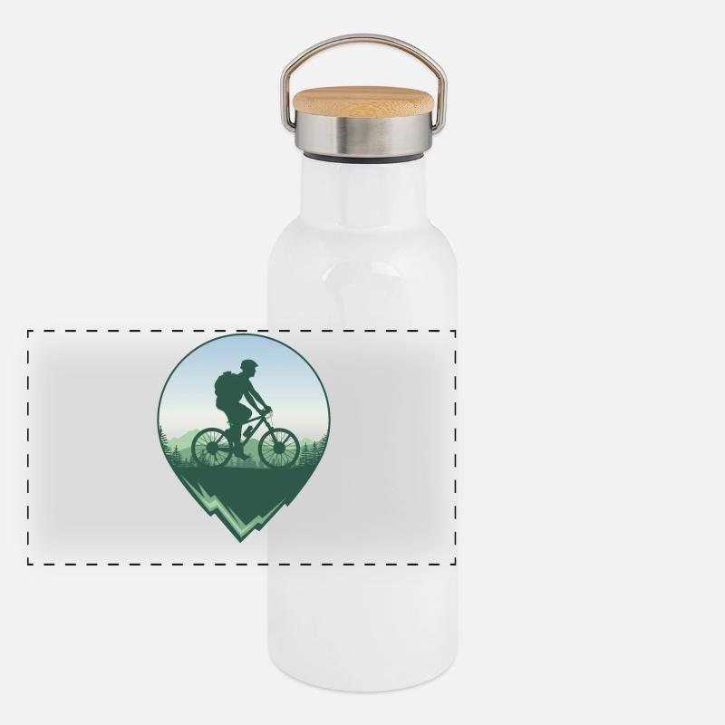 Mountain bikers in front of forest and mountains Panoramic Thermal Bottle with Bamboo Lid