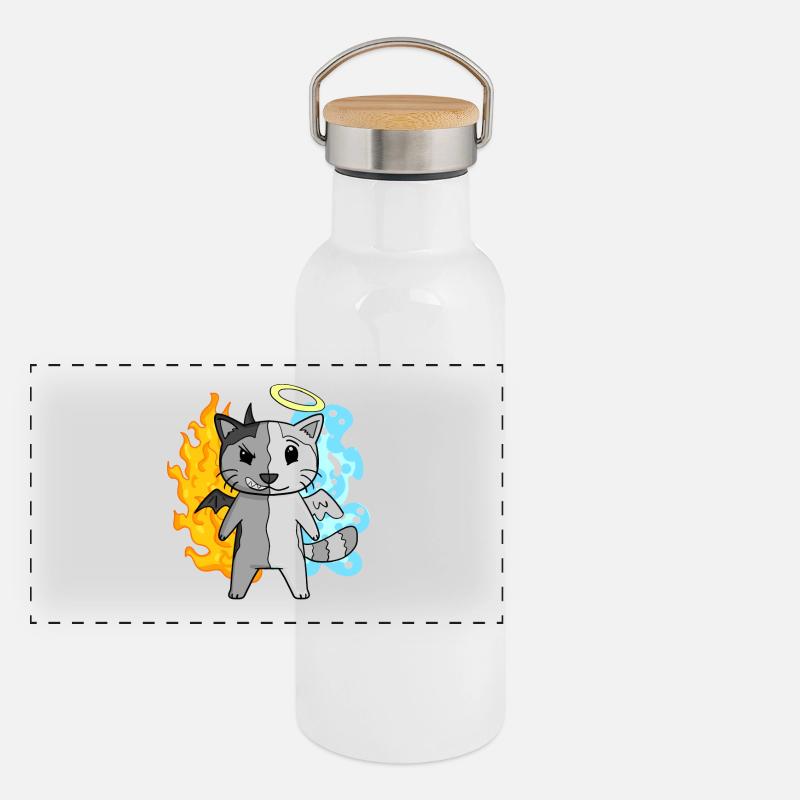 Katze Engel und Teufel Panorama Thermosflasche mit Bambusdeckel