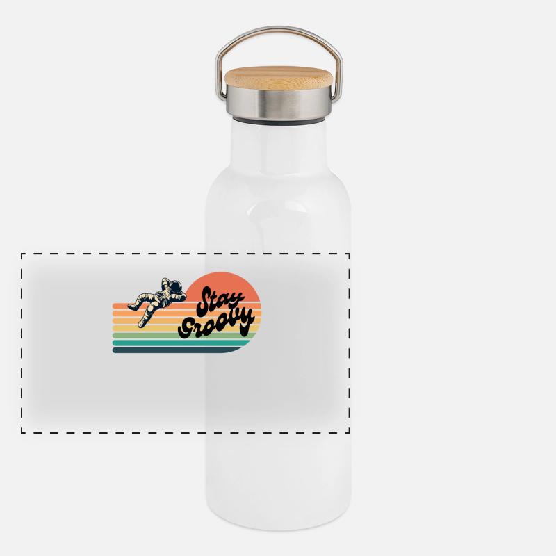 Stay Groovy -Retro Astronaut Panorama Thermosflasche mit Bambusdeckel