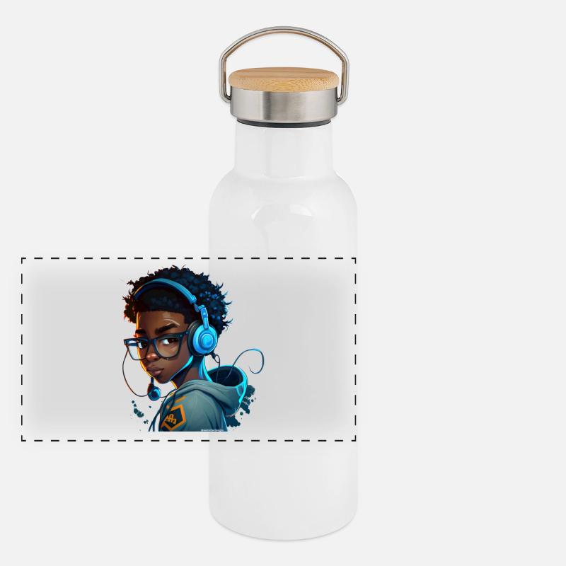 Digitaler Gaming-Charakter mit Headset Panorama Thermosflasche mit Bambusdeckel