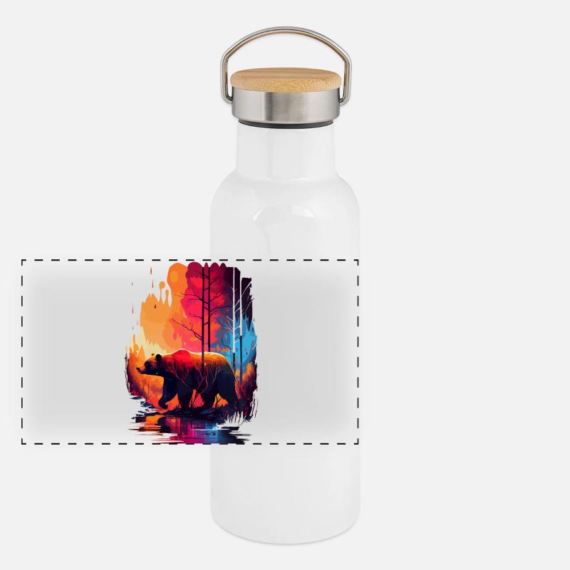 Bär im Wald bunt Panorama Thermosflasche mit Bambusdeckel