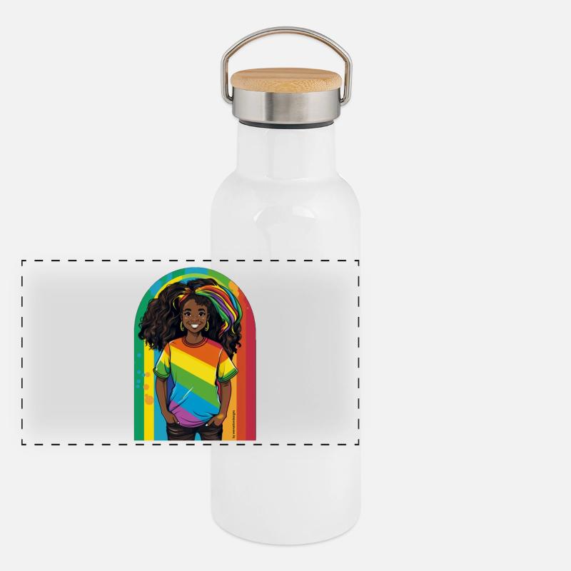 Lebendige Regenbogen-Porträtkunst Panorama Thermosflasche mit Bambusdeckel