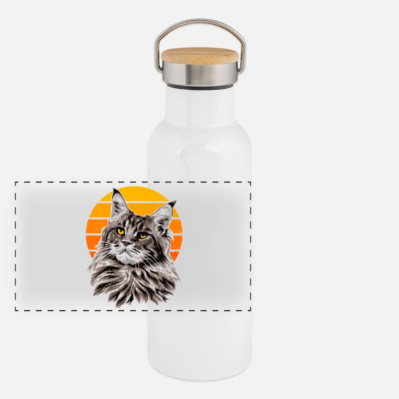 Cat Retro Sunset Holiday - Panoramic Thermal Bottle with Bamboo Lid - white