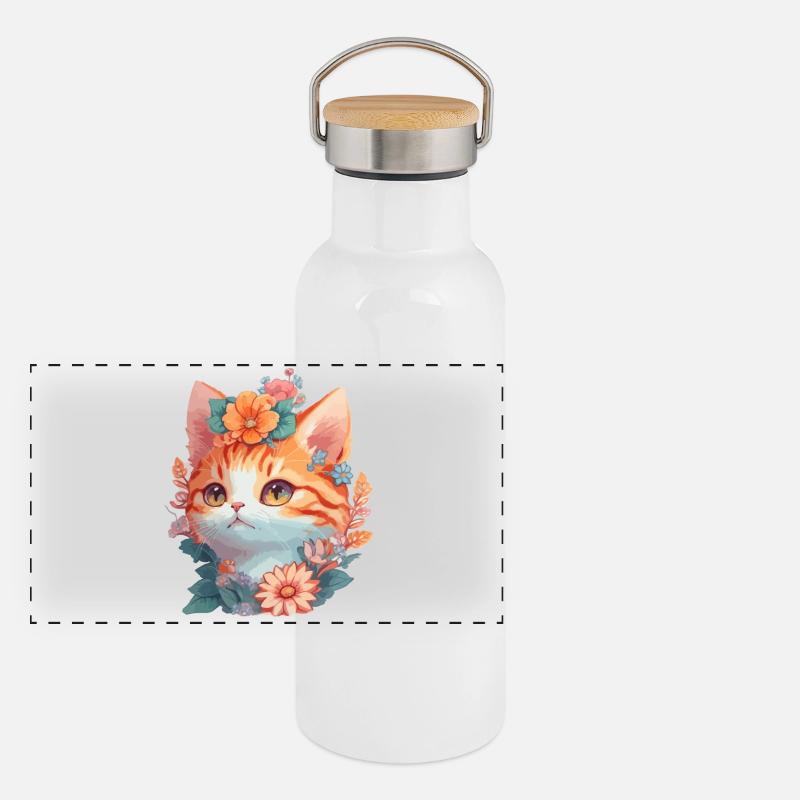 Rote Katze mit Blumen Panorama Thermosflasche mit Bambusdeckel