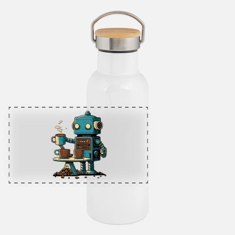 Tin robot makes coffee - Panoramic Thermal Bottle with Bamboo Lid - white